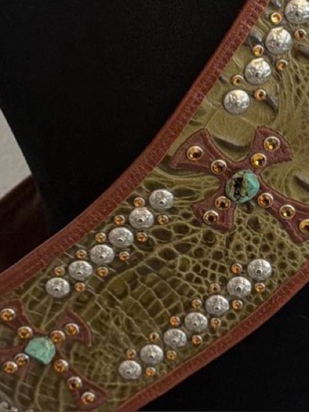 Kurtmen leather alligator belt studs crystals turquoise cross statement belt - Picture 11 of 16